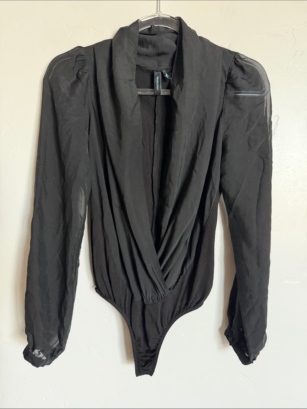 Marciano Black Draped V-Neck Long Sleeve Bodysuit Silk Plunge Top